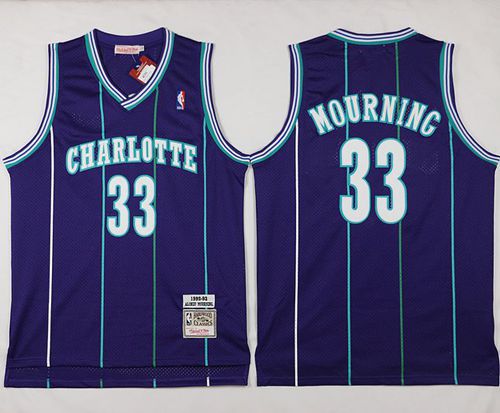 Men Charlotte Hornets #33 Alonzo Mourning Purple Throwback Stitched NBA Jersey->charlotte hornets->NBA Jersey